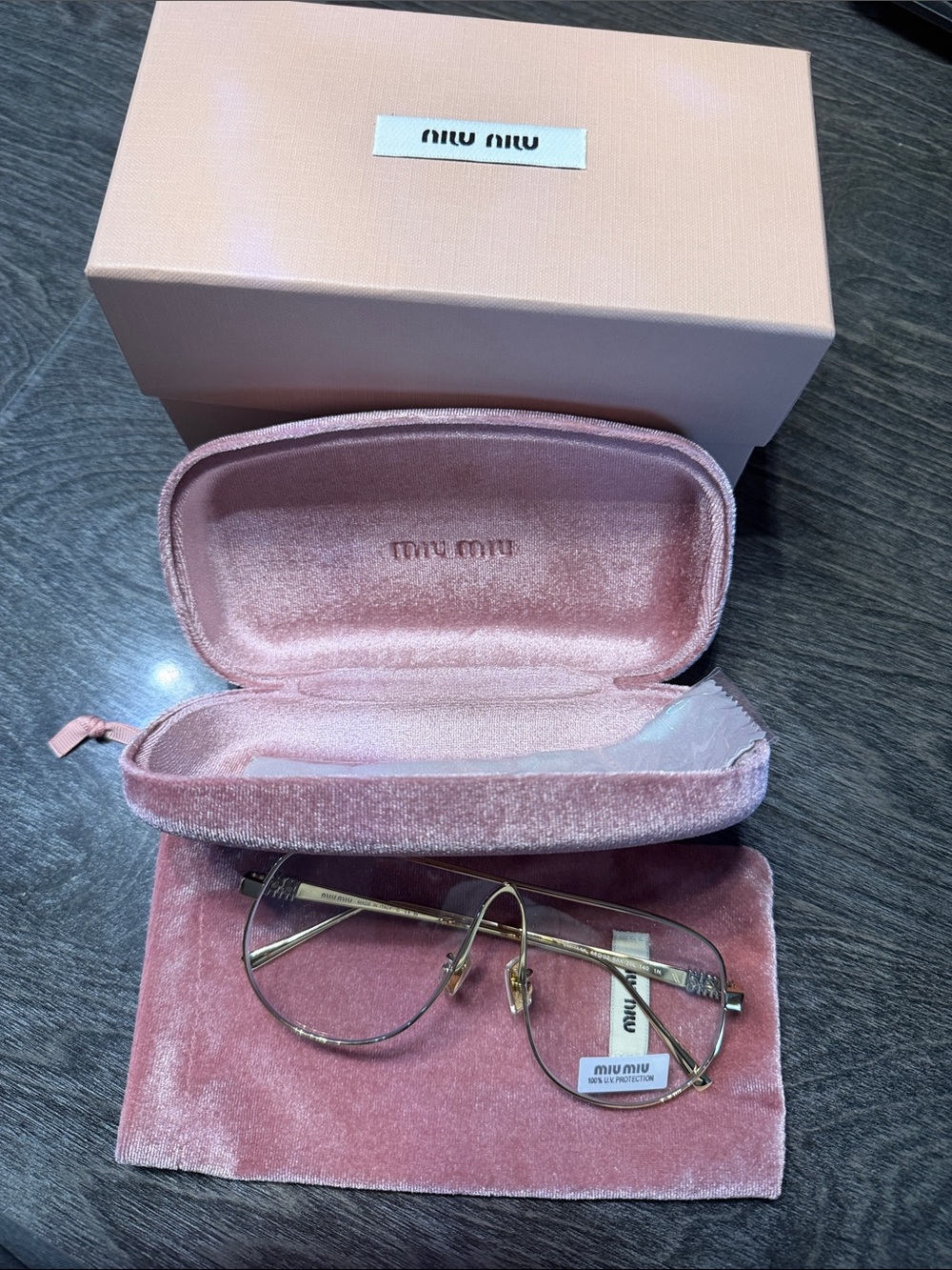 Miu Miu Pink Velvet Eyewear Set with Gold Metal Glasses
